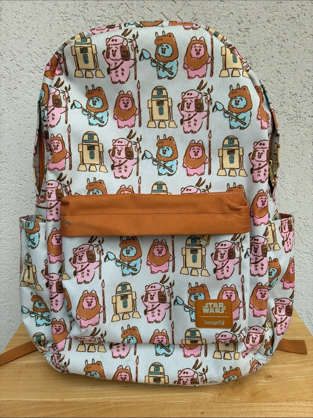 Star Wars & Loungefly Backpack in Multi Pastel Print  Ewoks & R2D2. Worn